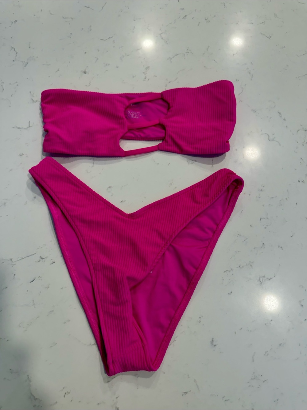 Women’s Ribbed Bandeau Bikini Set - Hot Pink
